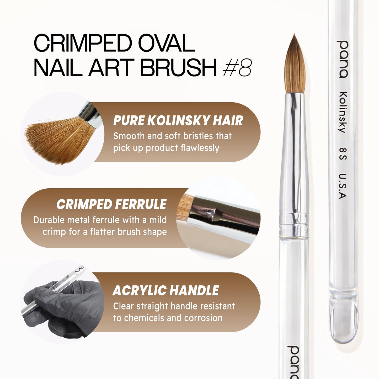 PANA Pure Kolinsky Hair Acrylic Nail Brush - Oval Crimped Clear Acrylic Handle (Size 8) Beauty & Personal Care PANA