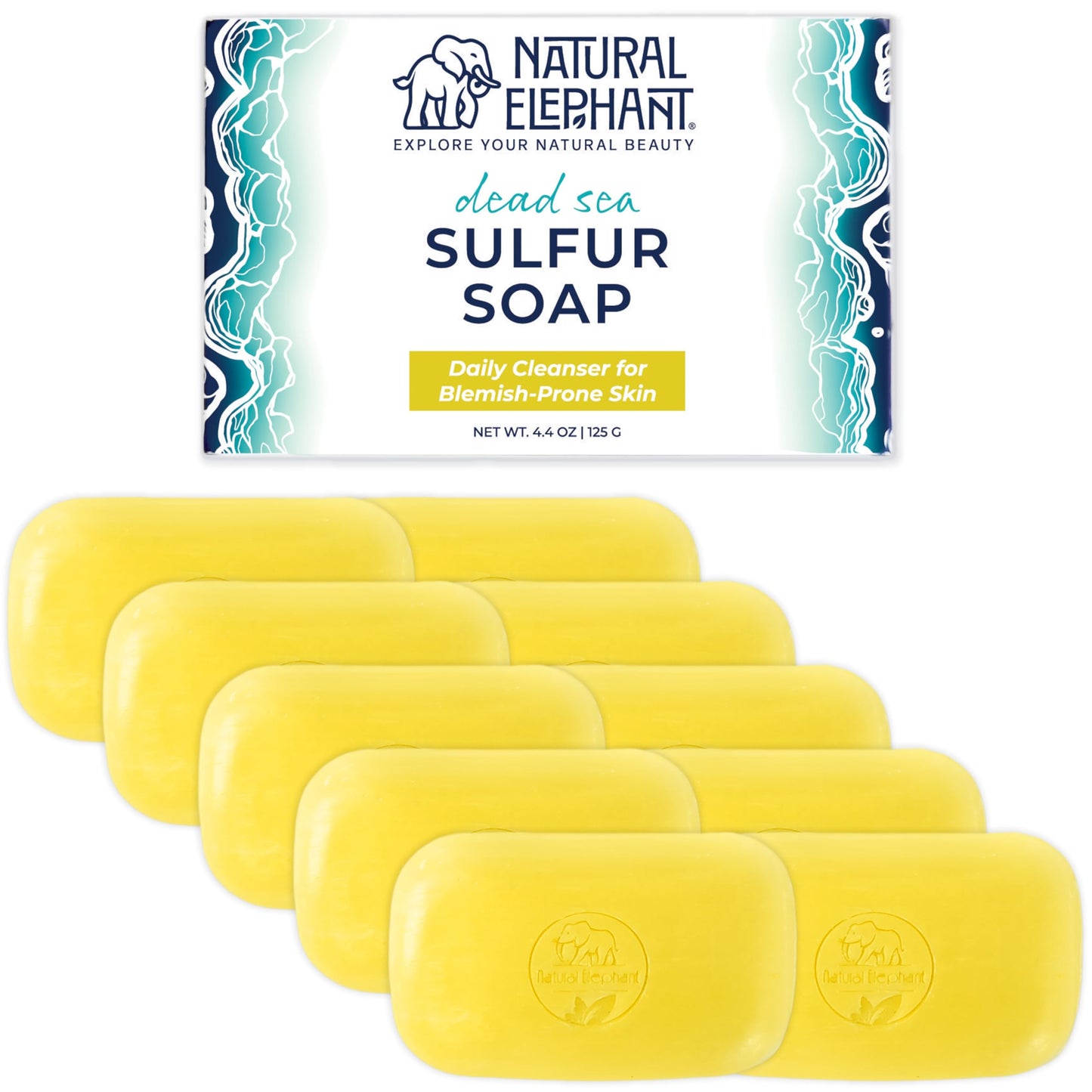 Natural Elephant Dead Sea Sulfur Soap 4.4 oz with Dead Sea Salt, Aloe Vera, Sulphur Face and Body Cleanser Bar for All Skin Types (10 Pack (44 oz