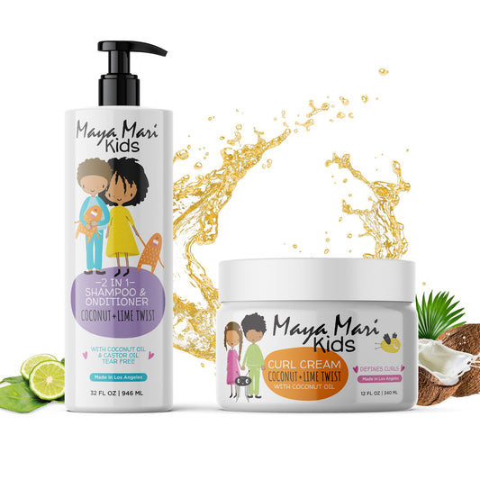 Maya Mari Kids 2 in 1 Shampoo and Conditioner and Curl Cream Set for Curly Hair Products, Tear Free, Sulfate Free, Cruelty Free Haircare for Boys
