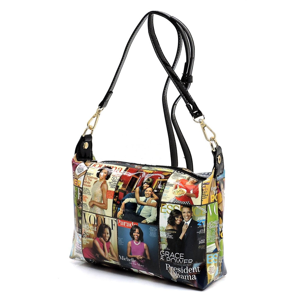 AMY&JOEY Glossy magazine cover collage crossbody bag purses Michelle Obama mini handbag (MULTI/BLACK)