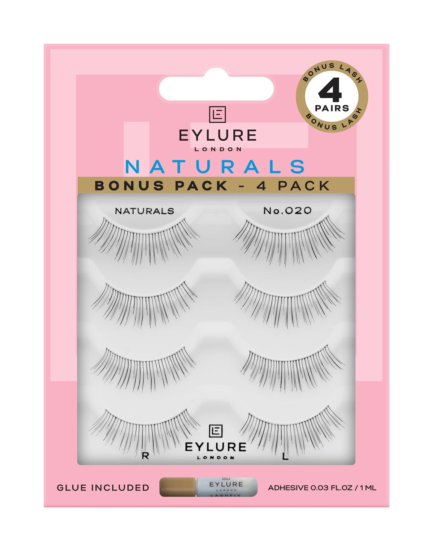Eylure Naturals No. 020 Reusable Eyelashes, Adhesive Included, Black, 4 Pairs