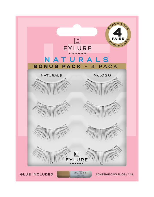 Eylure Naturals No. 020 Reusable Eyelashes, Adhesive Included, Black, 4 Pairs