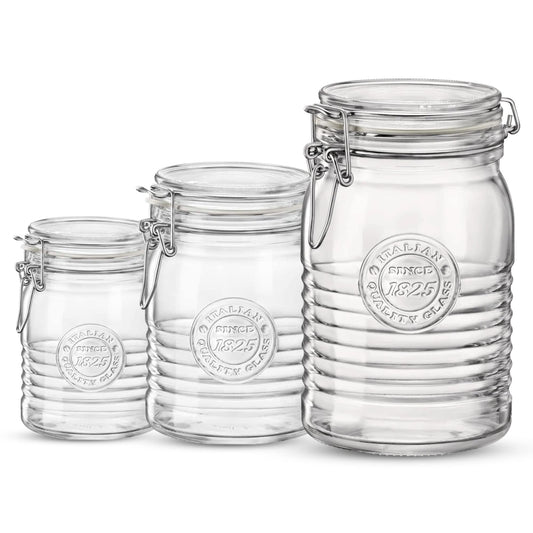 Bormioli Rocco Officina 1825, Set of 3 - Clear Glass Jars with Swing Top - Vintage Industrial Style Airtight Containers for Dry Food Storage, 33.75…