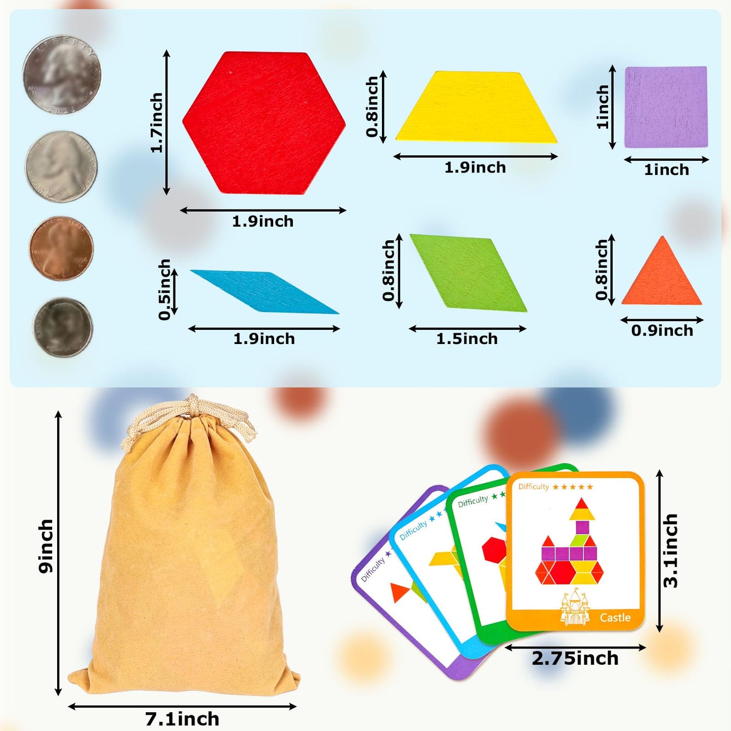 LovesTown 209 PCS Wooden Pattern Blocks | Geometric Shapes with Activity Cards & Storage Bag | Educational Tangram Puzzle Gift for Kids