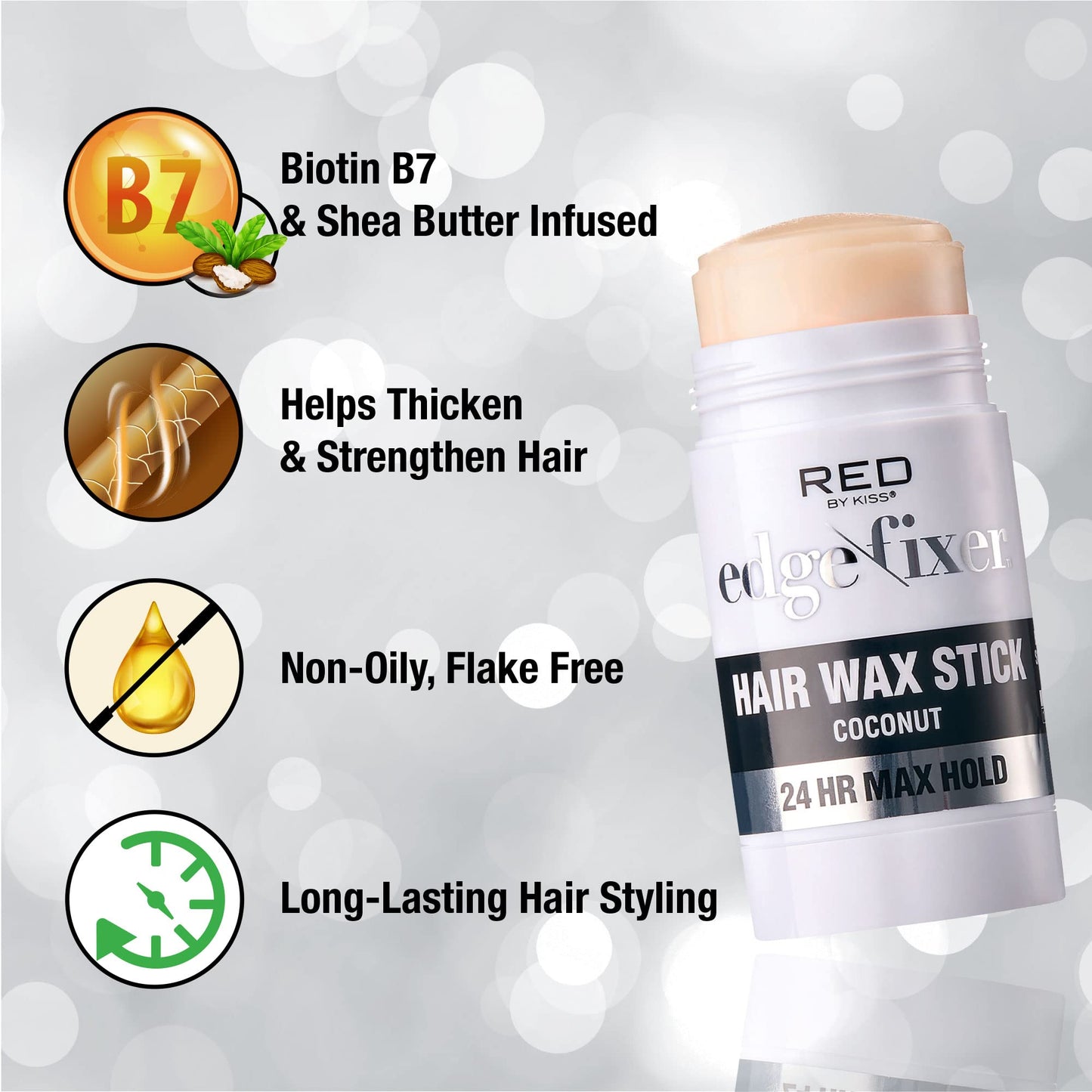 Red by Kiss Hair Wax Stick 24HR Max Hold Edge Fixer Edge Control Pomade Non-Sticky, Non-Oily Flake Free Hair Styling Wax (Coconut)