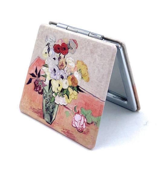 Aeisage Small Purse Mirror Van Gogh Japanese Vase with Roses and Anemones Mirror Floral Compact Mirror Bridesmaid Mirrors for Wedding