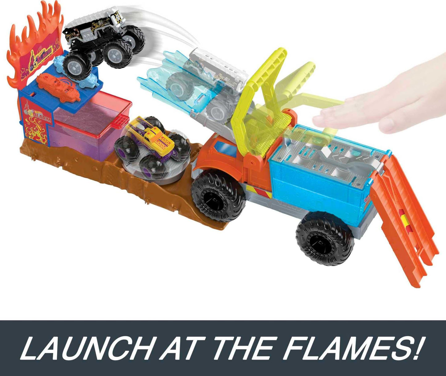 Hot Wheels Monster Trucks Color Shifters 5 Alarm Rescue with Color Shifter Truck, 2 Demolition Cars and 1 Trailer