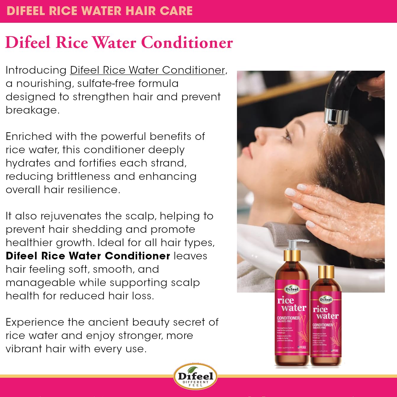 Difeel Rice Water Hair Care 4PC Shampoo & Conditioner Deep Conditioning Set - Includes 33.8oz Shampoo, 33.8oz Conditioner, 8oz Leave in & 7.1oz Hair