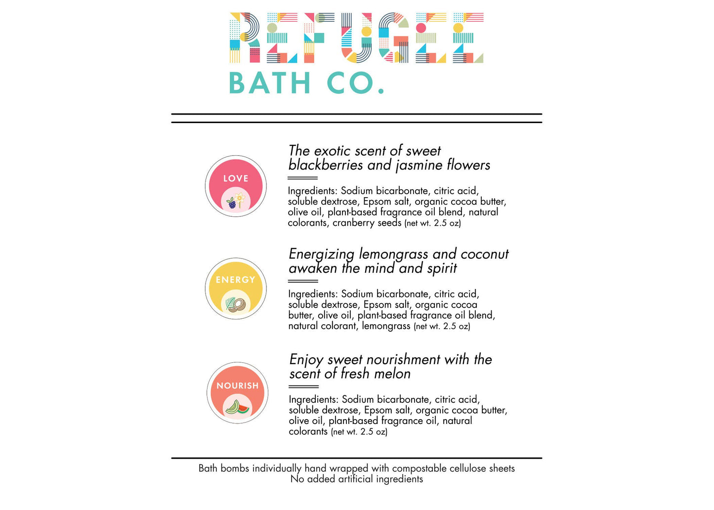 Refugee Bath Co. Variety Pack Bath Bombs 3.0 Ounces Each Organic Cocoa Butter Natural Plant-Based Ingredients (Variety 15 Pack: Rejuvenate)