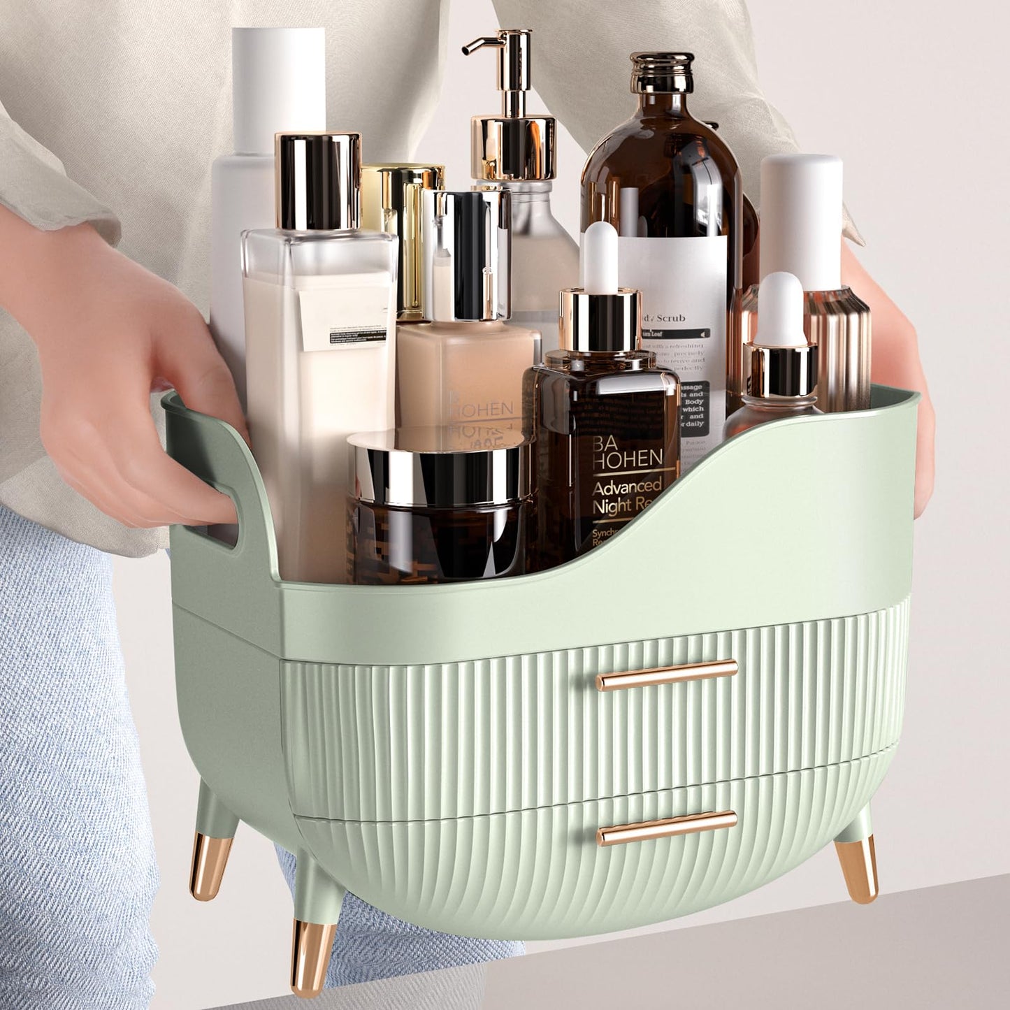 Pajiriona Makeup Organizer with Drawers, Green Skincare Organizer for Vanity, Storage Box with Handle, Large Cosmetic Display Case for Dresser Beauty and Personal Care Pajiriona