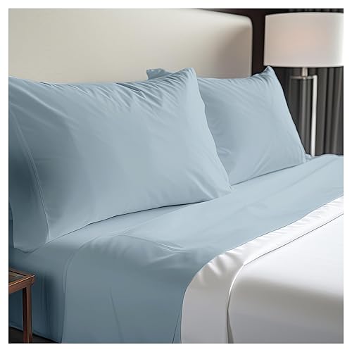 Dwell Studios Luxe Comfort: 400TC Cotton Sateen Weave Queen Sheet 4 Pc Set - Extra Deep Pocket - Fits 18" Mattresses - Blue, Queen