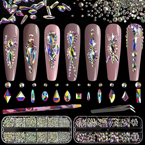 Multi Shapes 3D Glass AB Crystal Nail Art Rhinestones Kit with Flatback Round Bead Charm Gem Stone Jewelry Diamond with Pickup Pen + Tweezer