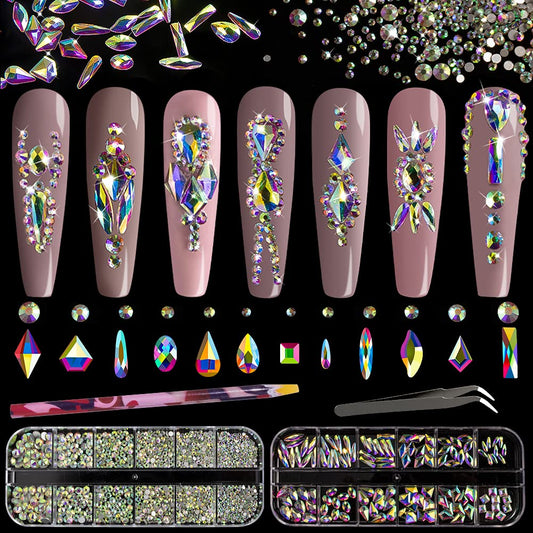 Multi Shapes 3D Glass AB Crystal Nail Art Rhinestones Kit with Flatback Round Bead Charm Gem Stone Jewelry Diamond with Pickup Pen + Tweezer