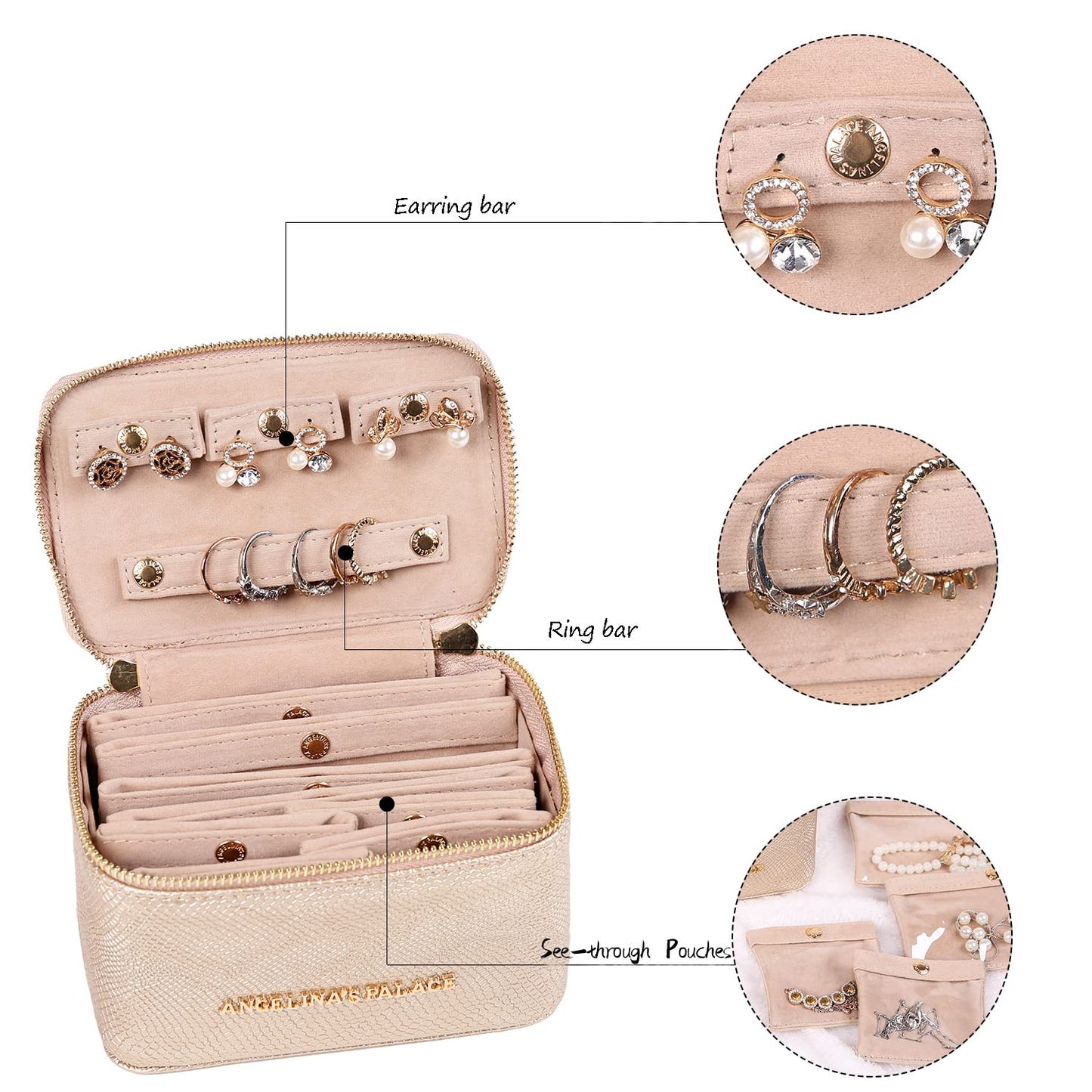 Angelina's Palace Snakeskin Pattern Jewelry Organizer Case Bridesmaid Gifts Travel Bag Vegan Leather Box for Necklace Earring Bracelet Ring(Champagne)