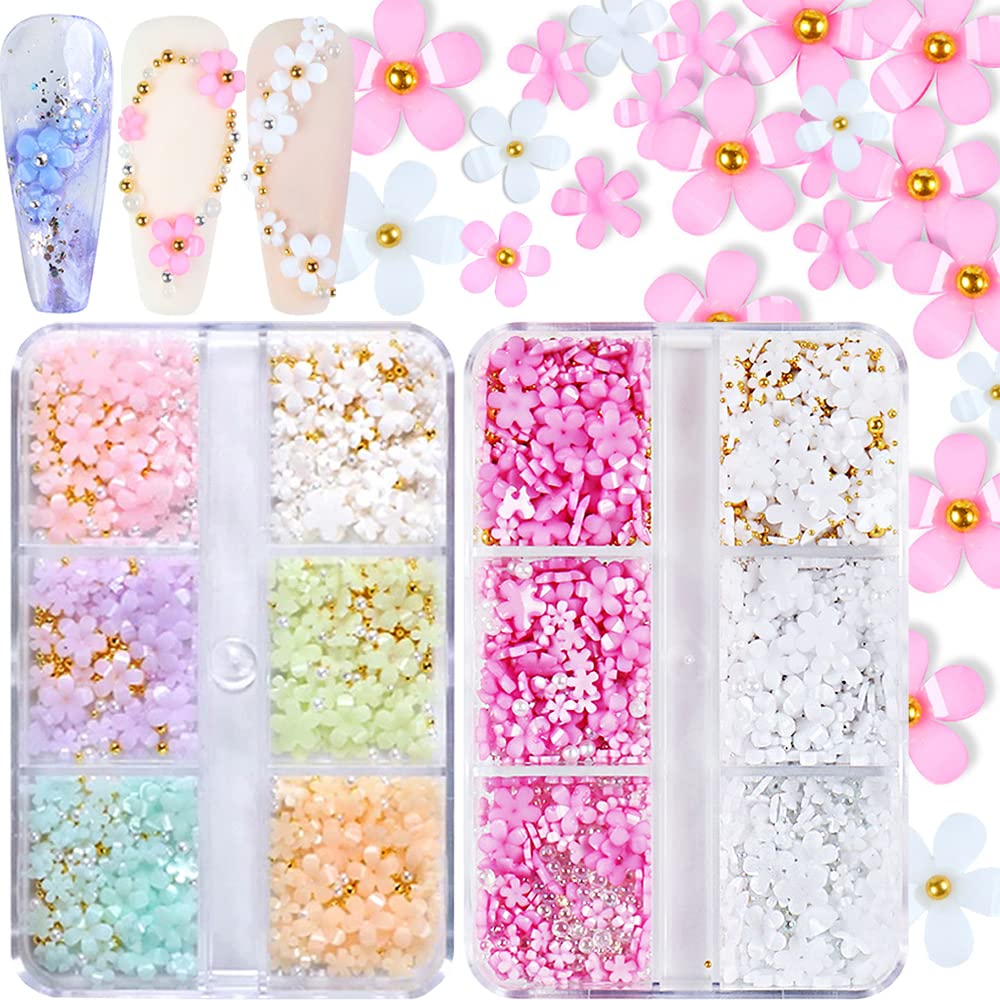 3D Flower Nail Charms, 2 Boxes 3D Acrylic Flower Nail Art Charms and Gems White Pink Mixed Cherry Blossom Spring Rhinestones Acrylic Nail Supplies