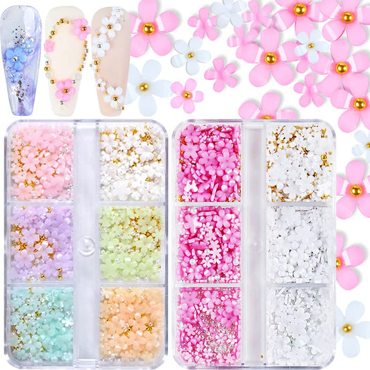 3D Flower Nail Charms, 2 Boxes 3D Acrylic Flower Nail Art Charms and Gems White Pink Mixed Cherry Blossom Spring Rhinestones Acrylic Nail Supplies
