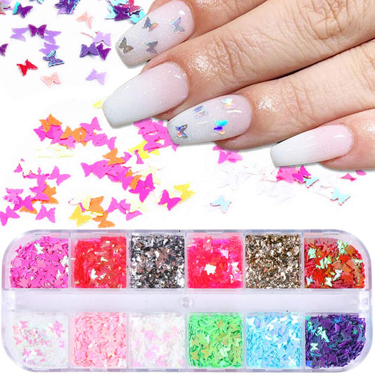 12 Colors Butterfly Glitter Nail Sequins Holographic 3D Nail Art Flakes Colorful Confetti Glitter Sticker,Nail Art Design Makeup DIY Decoration