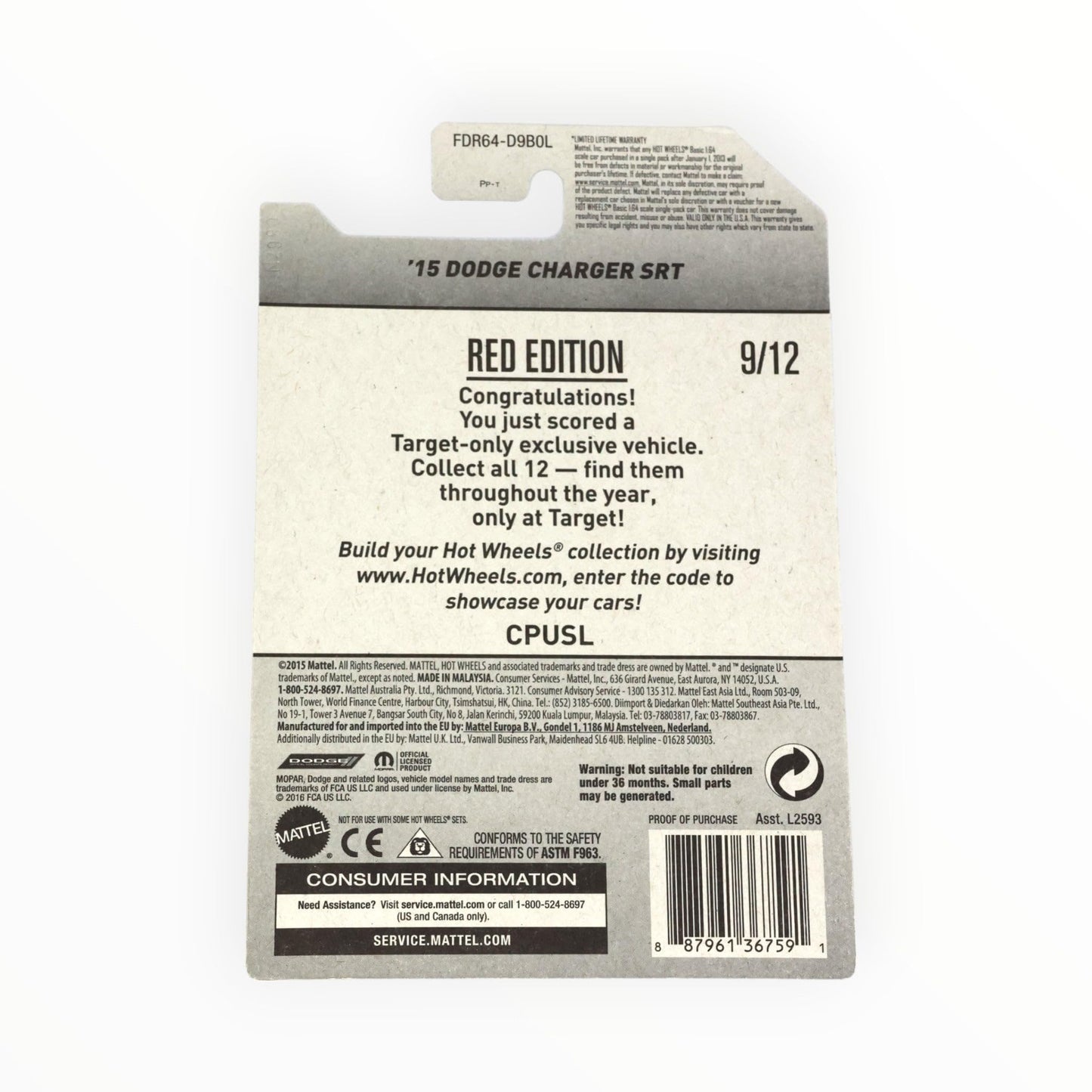 Hot Wheels '15 Dodge Charger SRT, Red Edition 9/12