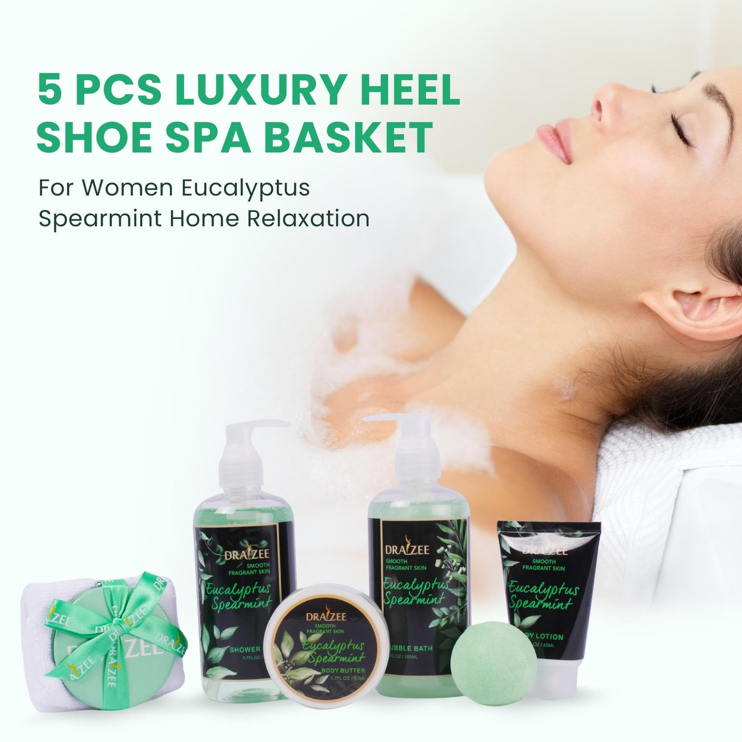 Gift Set for Her - 8 Pc Spa Gift Baskets for Women, Eucalyptus Spearmint Scented Heel Shoe Spa Basket, Luxury Bath Set, Relaxation Spa Gift by Draizee