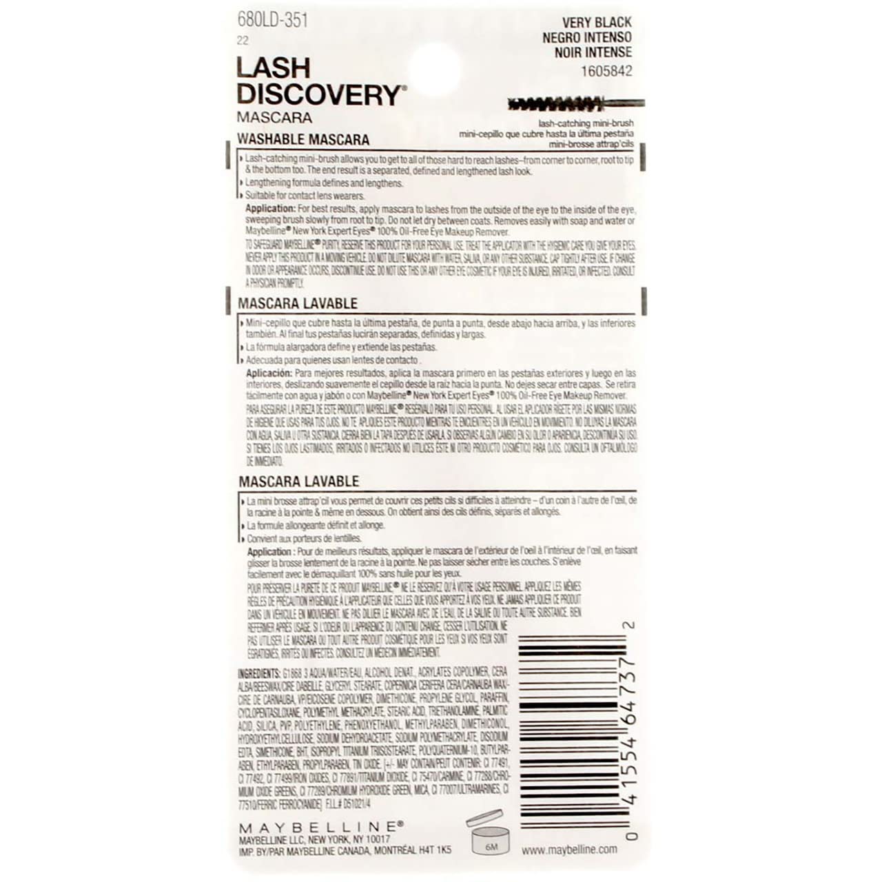 Maybelline New York Lash Discovery Washable Mascara, Very Black [351] 0.16 oz (Pack of 9)