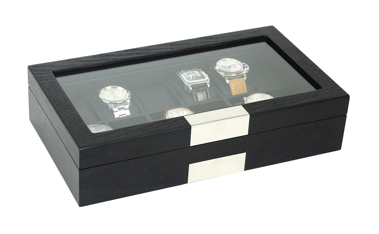 TIMELYBUYS 12 Ebony Wood Watch Box Display Case Storage Jewelry Organizer with Glass Top, Stainless Steel Accents, and Oversized Black Pillows
