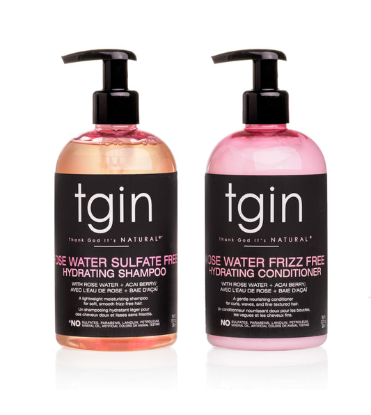 tgin Rose Water Shampoo + Conditioner Duo for Curly, Coily and Wavy Hair, Sulfate Free, with Rose Water, Acai Berries, Nourishes and Detangles Dry