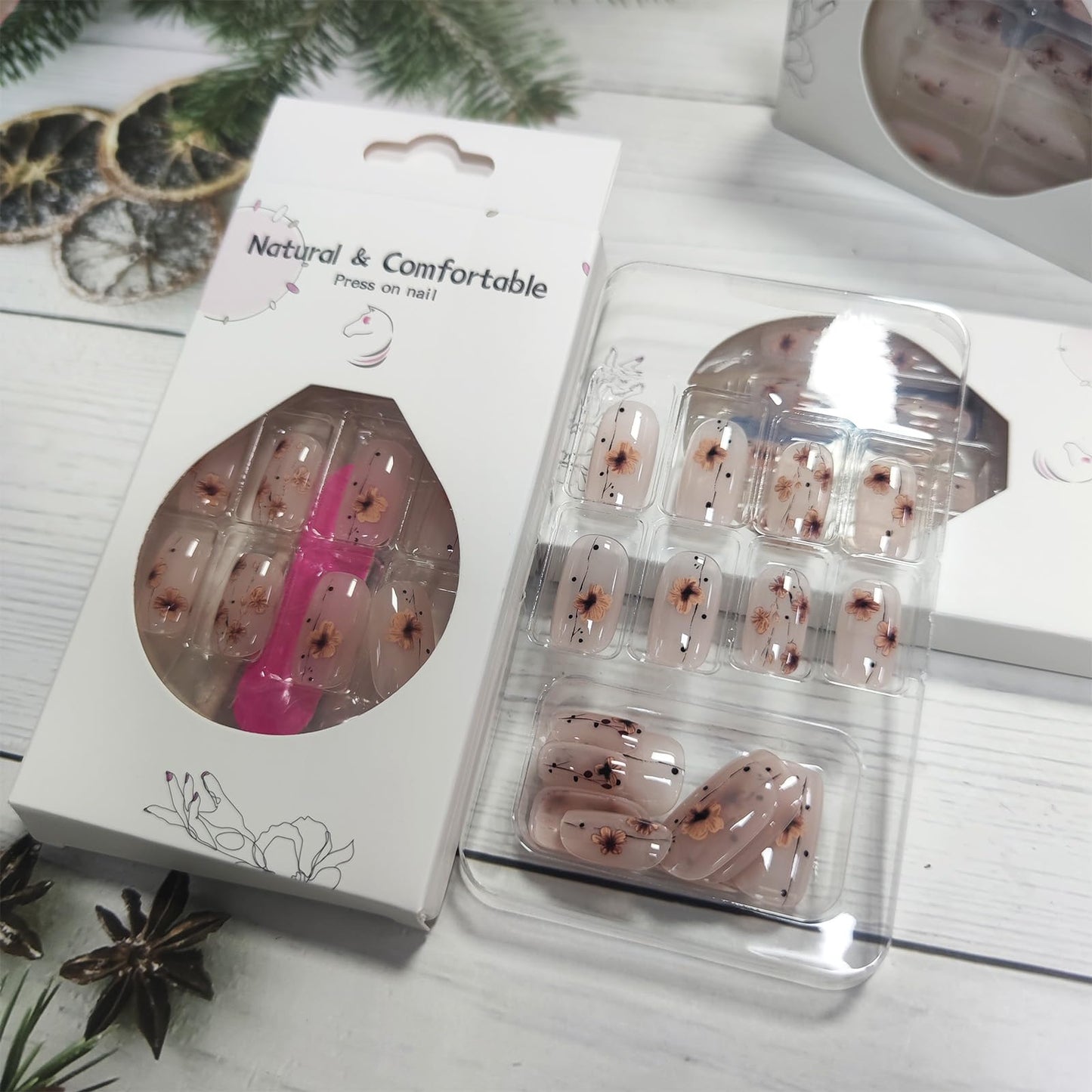 Winter Flower Press on Nails Glossy Brown Flower Acrylic Fake Nails 24Pcs Black Curve Line False Nails Flower Gel Glue on Nails for Manicure Flower Beauty and Personal Care AROVFAM