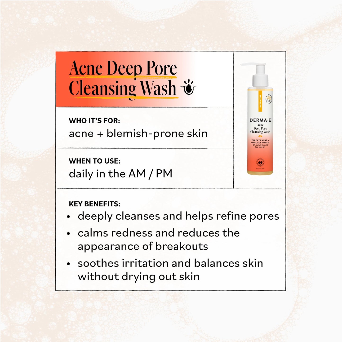 Derma E Acne Deep Pore Cleansing Wash - Blemish Control Facial Cleanser with Salicylic Acid - Gentle Oil Control Face Wash Soothes and Balances Skin