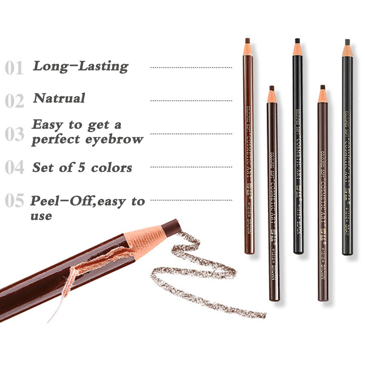 5 COLORS Set Eyebrow Pencil Drawing Eye Brow Pen Peel Off Makeup Cosmetic