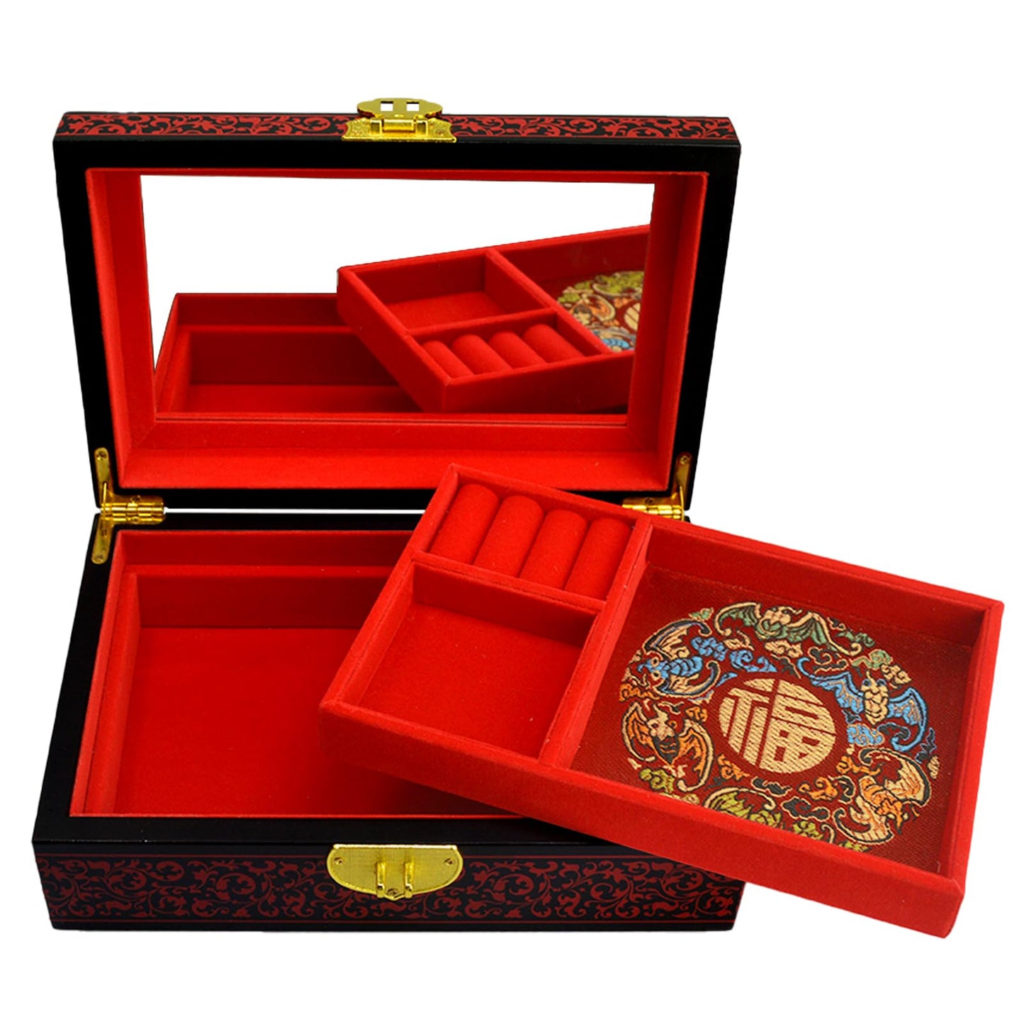 Fengshuibringluck Traditional Jewelry Box Dragon Phoenix Wood Jewelry Organizer Mother's Day Day gift Double Layer Small Bracelet Holder Display…