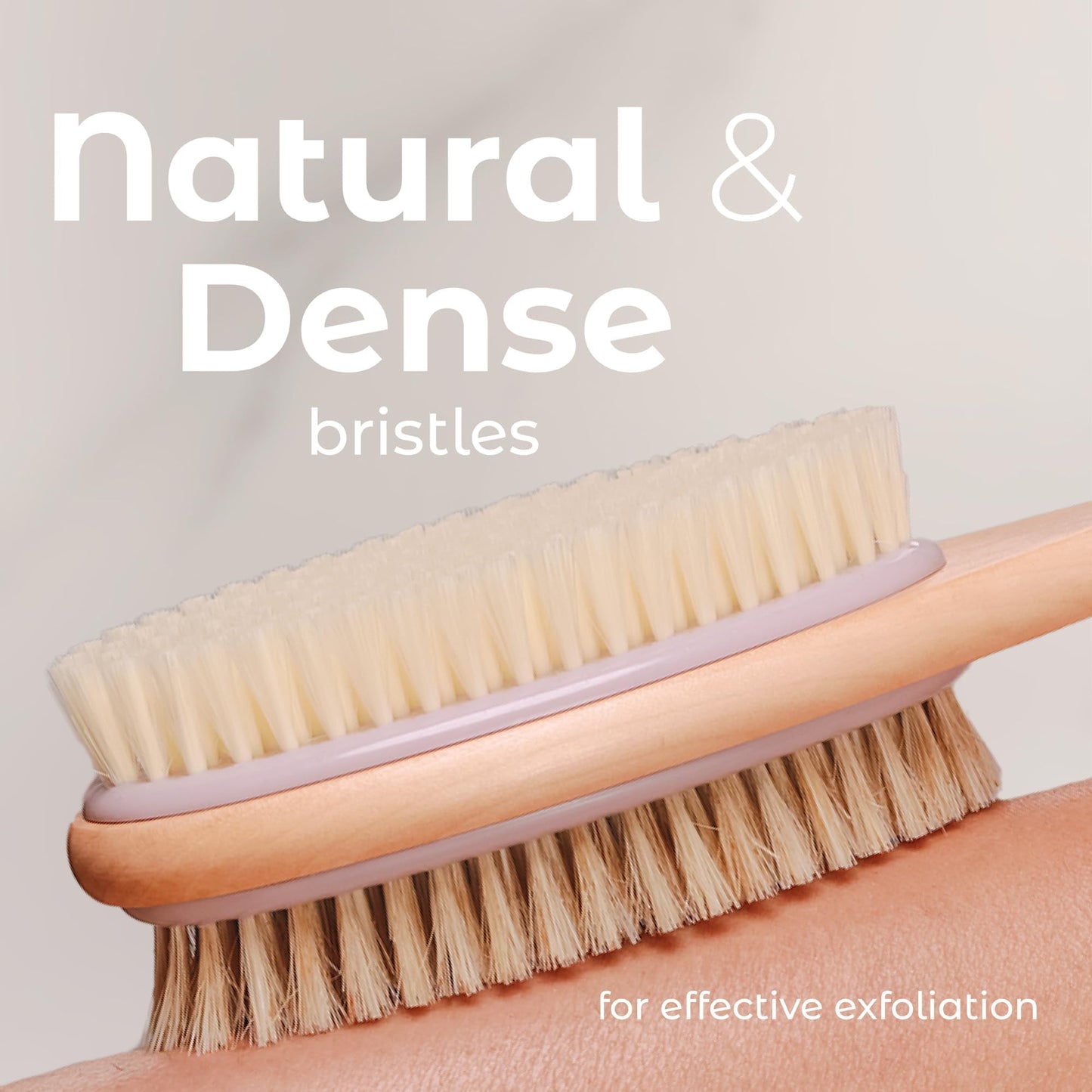 MainBasics Back Scrubber for Shower - Long Handle Dual-Sided Brush for Body Wash & Scrubbing with Exfoliating & Soft Bristles (Lavender, Wood)