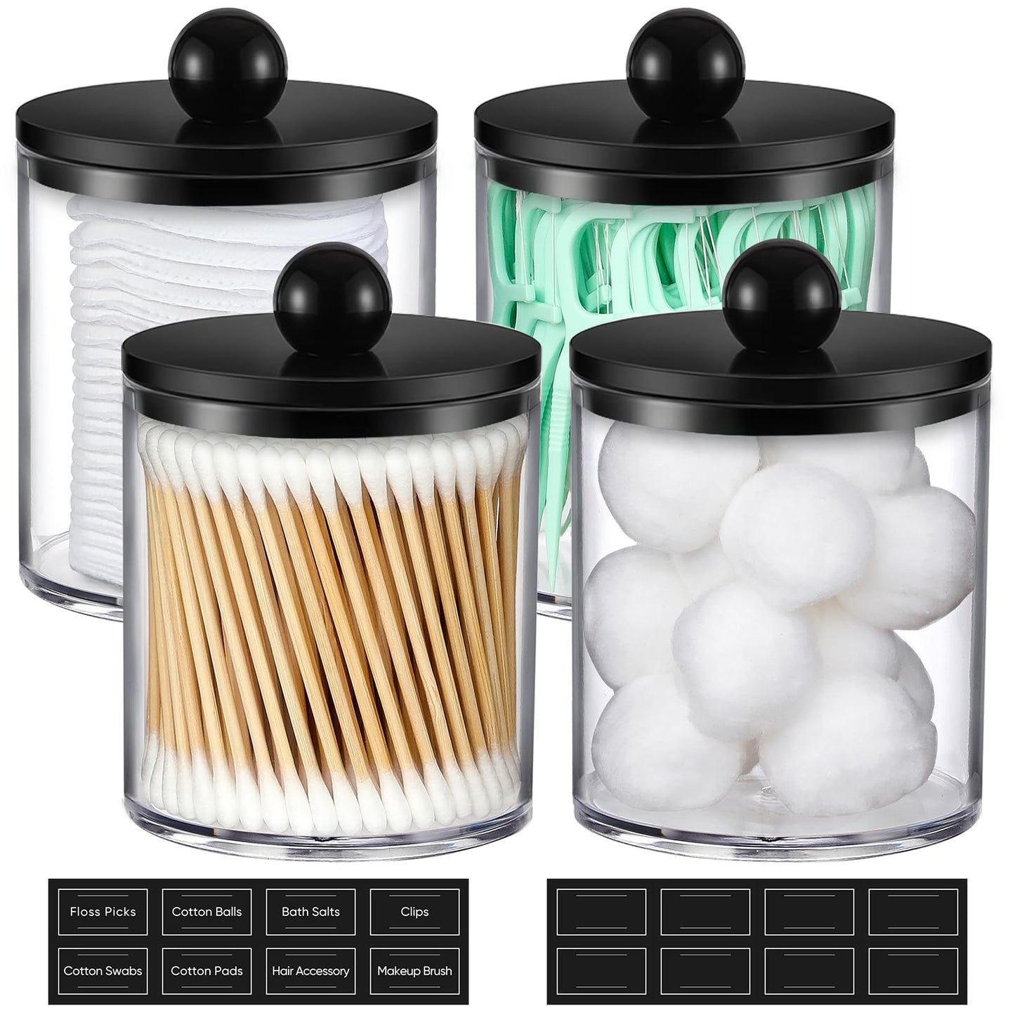 4 Pack Acrylic Qtip Holder Dispenser for Cotton Swabs, Balls, Pads, Floss - Plastic Canister Apothecary Jar Set, Bathroom Essentials Accessories Decor Beauty and Personal Care AOZITA Default Title