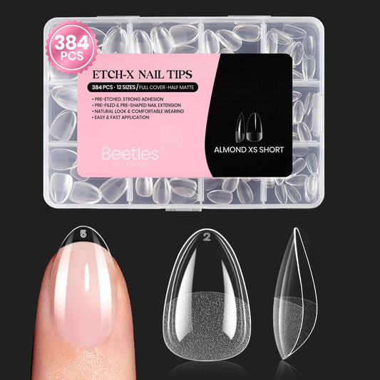 Beetles Gel Nail Tips Etch-X- Almond Extra Short, 384pcs 12 Sizes, Pre-Etched Half Matte Full Cover Soft Gel Nail Tips, Press on False Nail Extension Beauty and Personal Care beetles Gel Polish Default Title