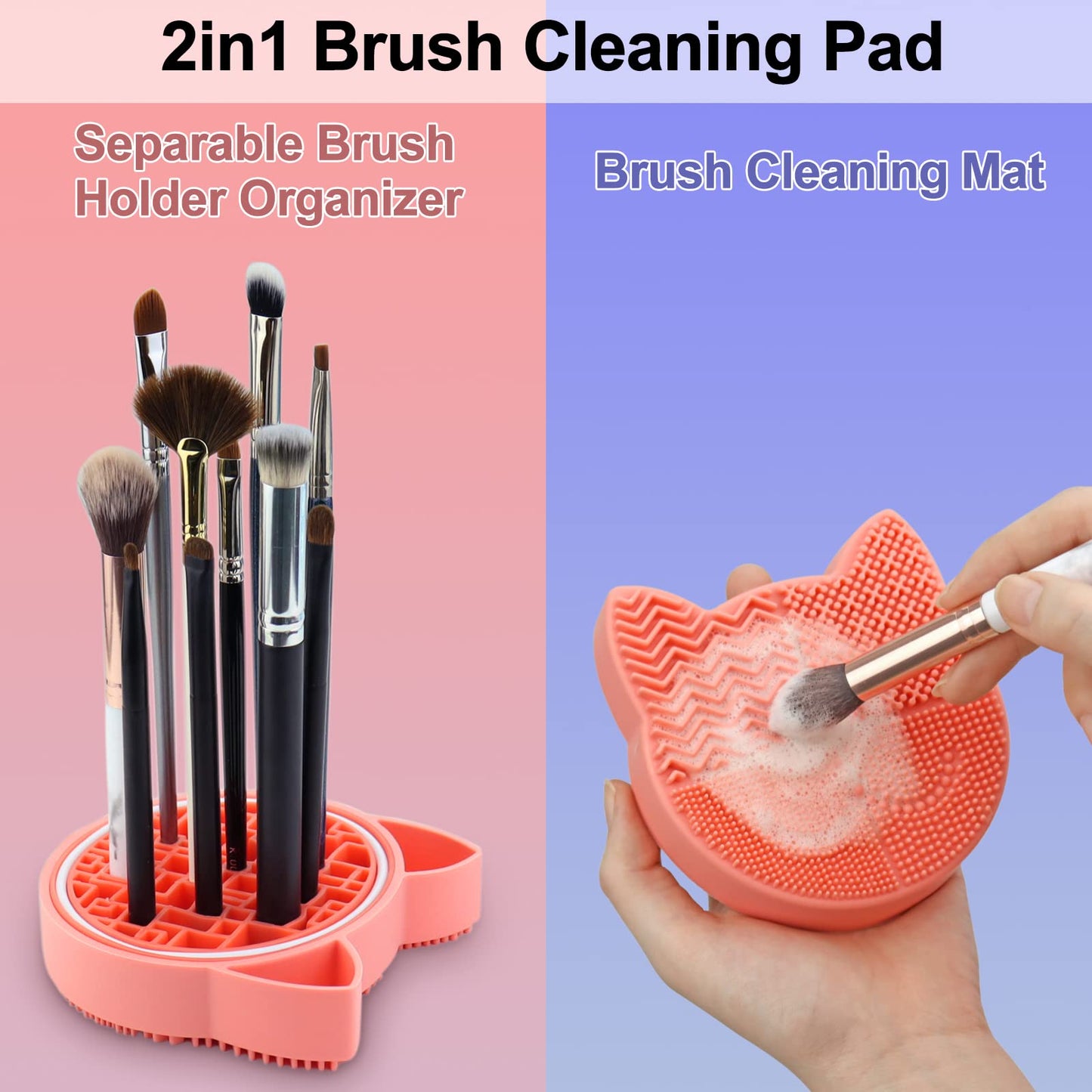 Makeup Brush Cleaning Mat with Drying Holder for Sink-Silicone Washing Cosmetic Brush Cleaner Pad (Orange)