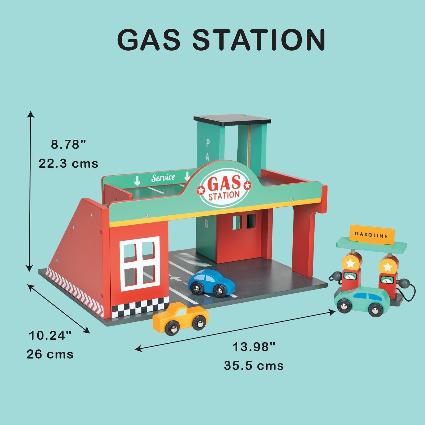 Mentari Toys Wooden Gas Station Playset – Garage with Lift, Cars, Ramp & Gas Pumps – Imaginative Role Play Toy for Kids Ages 3+