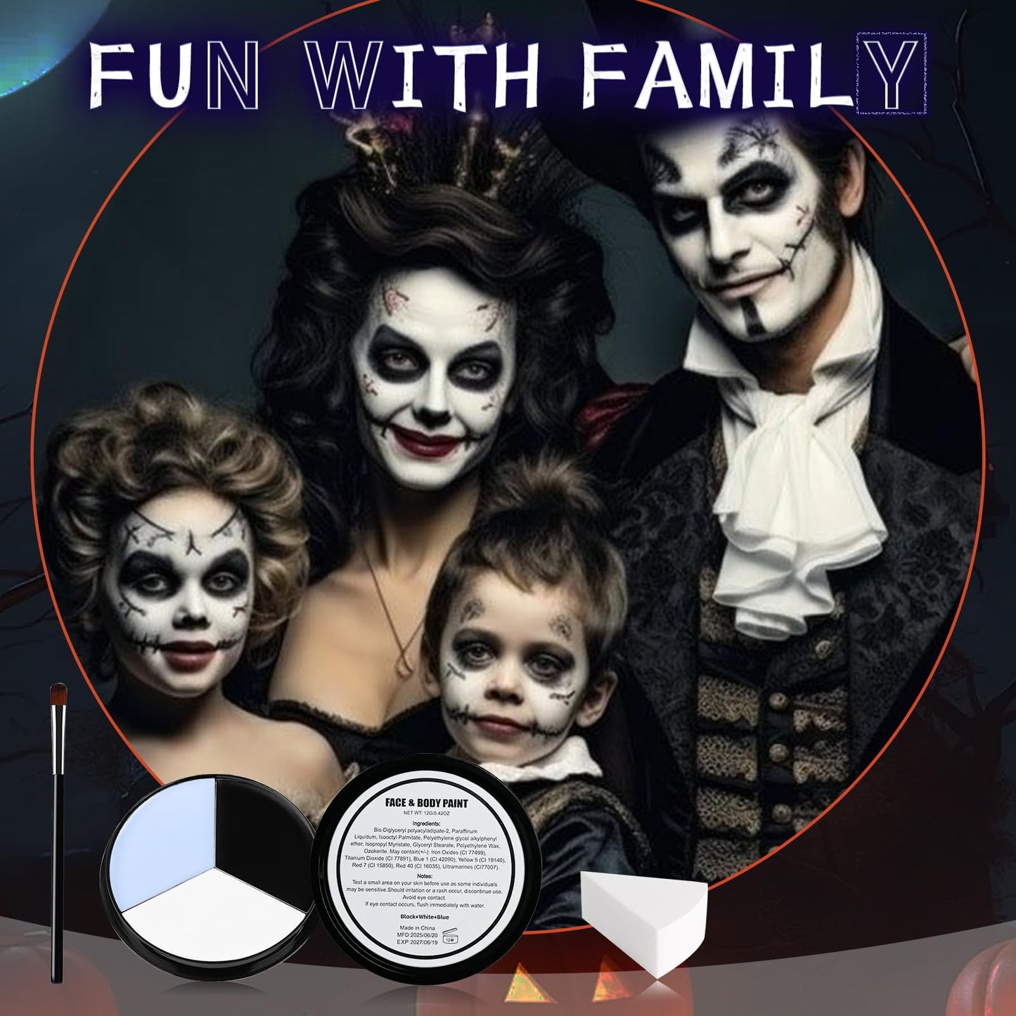 VPCRT6 White Black Blue Halloween Face Body Paint with 3PCS Sponge and 1PC Brush, for Baseball Sports(Eye Black) & Halloween, Face Painting Kit