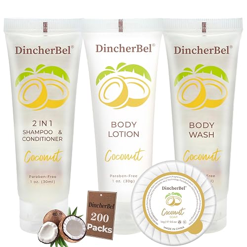 Hotel Amenities 200-Piece Travel Kit: Soap, Shampoo & Conditioner 2 in 1, Body Wash and Body Lotion Bulk Mini Kits for Toiletry Bags - Trial Size Bars