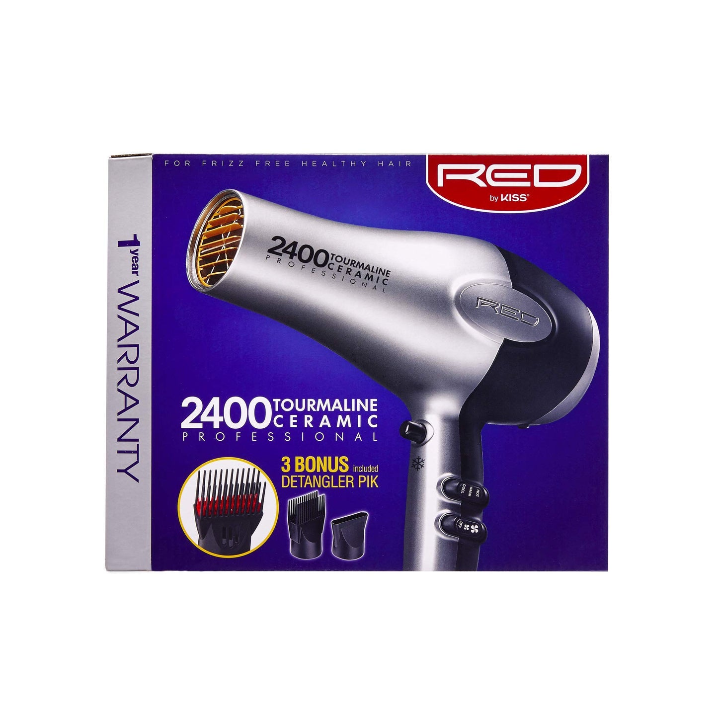 RED by Kiss Hair Dryer 2400 Tourmaline Ceramic Technology, Professional Blow Dryer, Maximum Shine, Fast Drying, Adjustable Settings, 3 Attachments