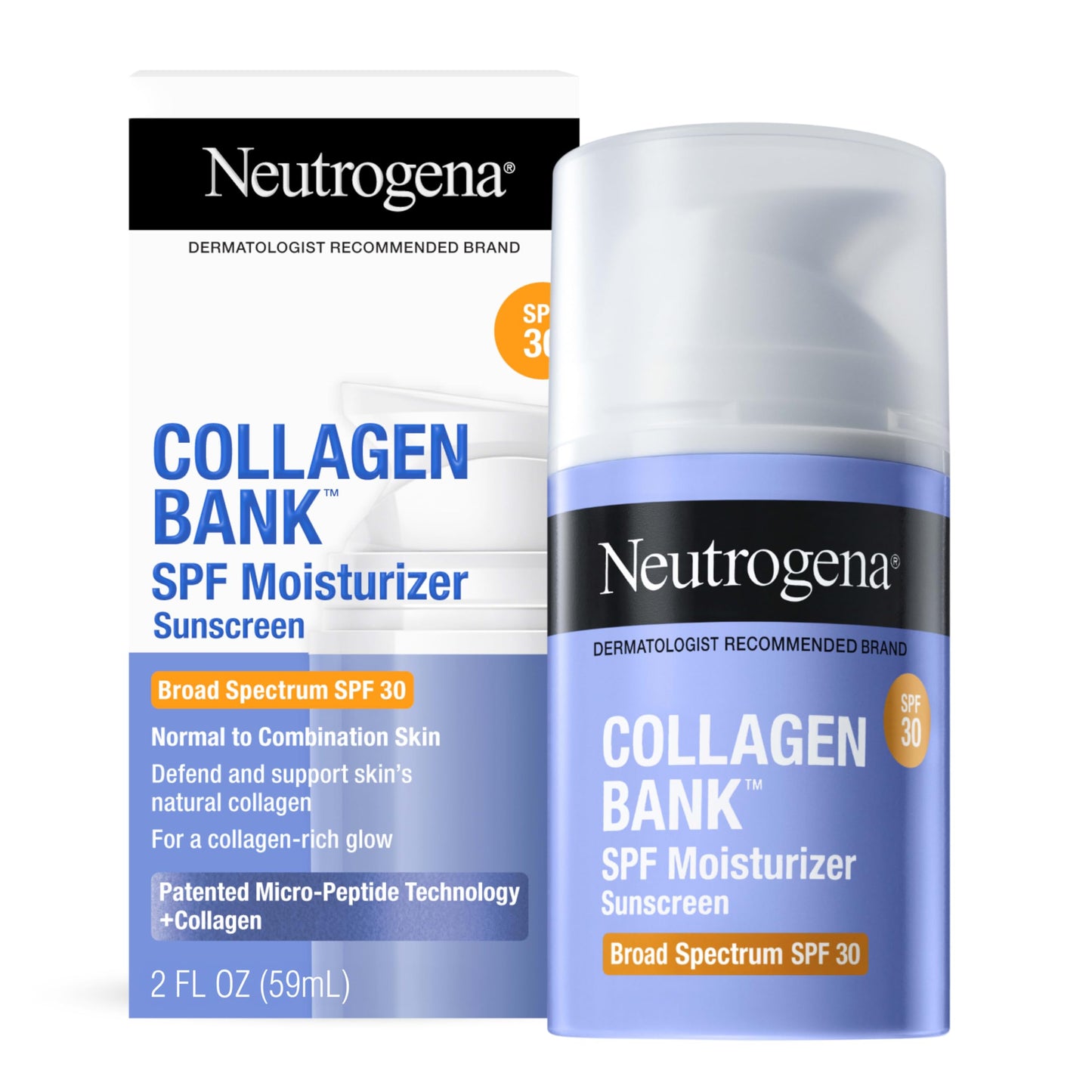 Neutrogena Collagen Bank Face Moisturizer, Broad Spectrum SPF 30 Anti-Aging Face & Neck Collagen Cream, Micro-Peptides, No White Cast 2 fl oz & Trial