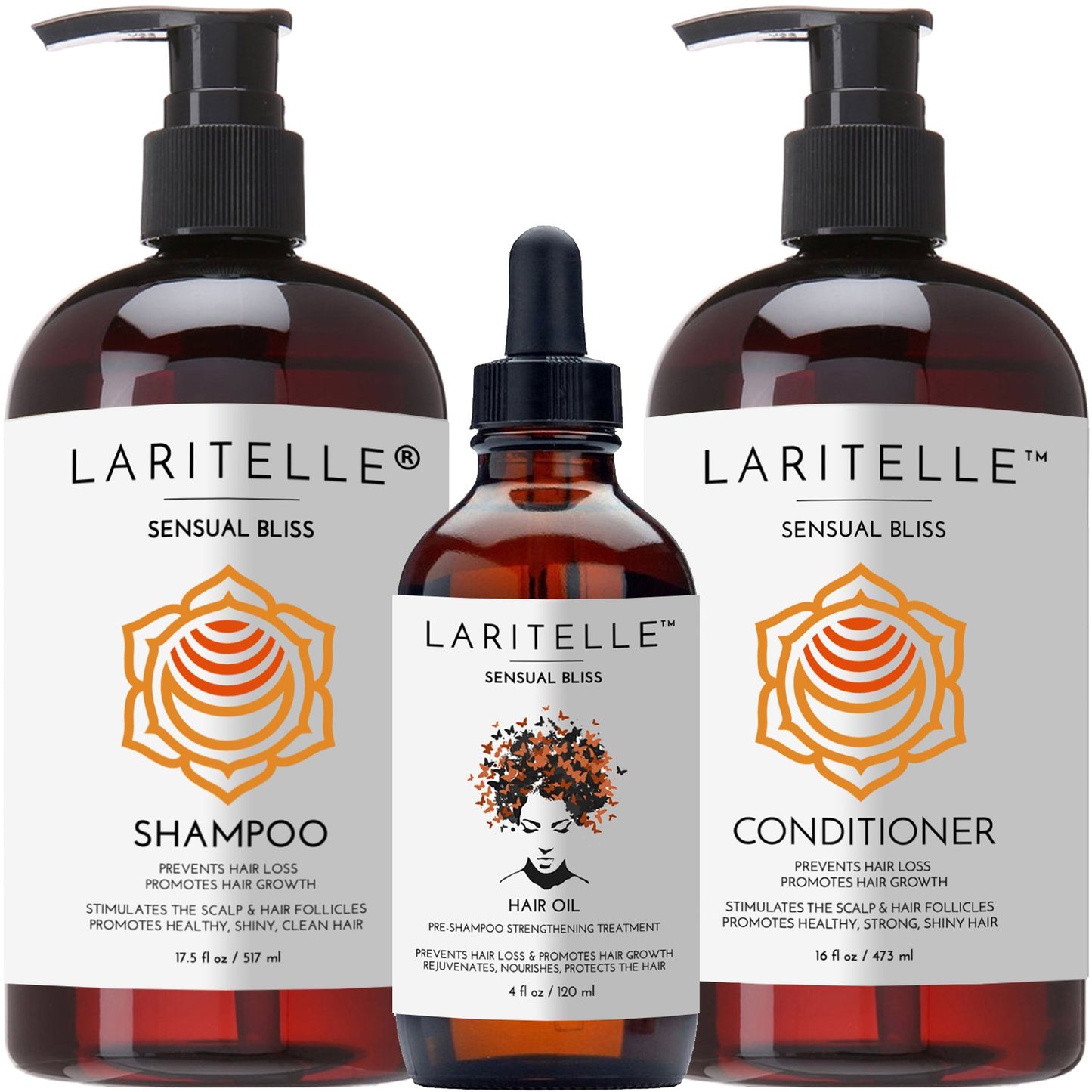 Laritelle Organic Hair Growth Set | Shampoo 16 oz + Conditioner 16 oz + Hair Loss Treatment 4 oz | Argan Oil, Rosemary, Palmarosa & Orange | NO GMO