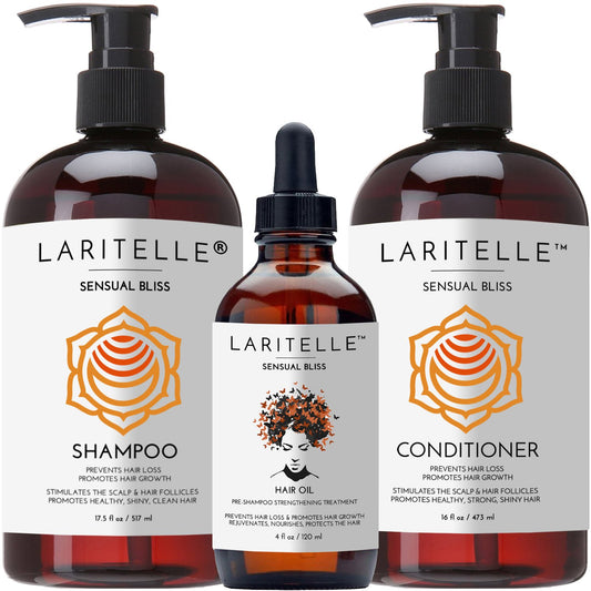 Laritelle Organic Hair Growth Set | Shampoo 16 oz + Conditioner 16 oz + Hair Loss Treatment 4 oz | Argan Oil, Rosemary, Palmarosa & Orange | NO GMO