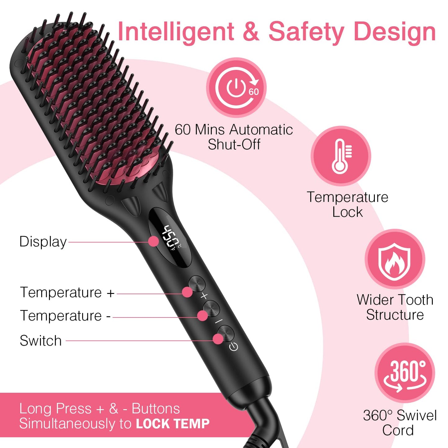 Enhanced Ceramic Hair Straightener Brush by MiroPure, 2-in-1 Ionic Straightening Brush with Anti-Scald Feature, Auto Temperature Lock & Auto-Off