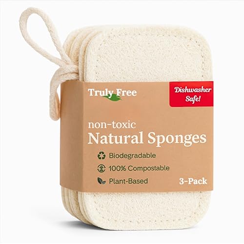 Truly Free Natural Cleaning Sponges, 100% Organic Luffa Dish Scrubber, Plant-Based Compostable Kitchen Dishwasher Sponge, Cleans Sink, Grout & Tile