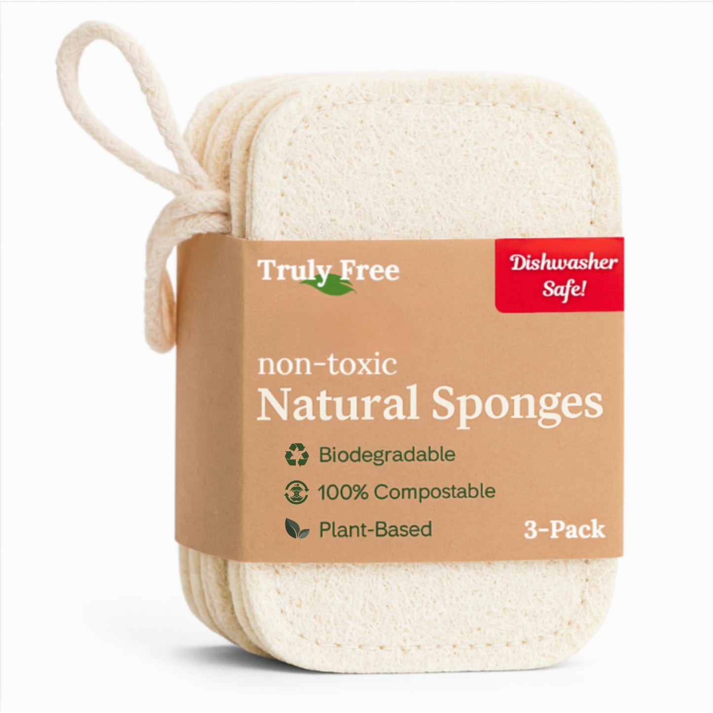 Truly Free Natural Cleaning Sponges, 100% Organic Luffa Dish Scrubber, Plant-Based Compostable Kitchen Dishwasher Sponge, Cleans Sink, Grout & Tile