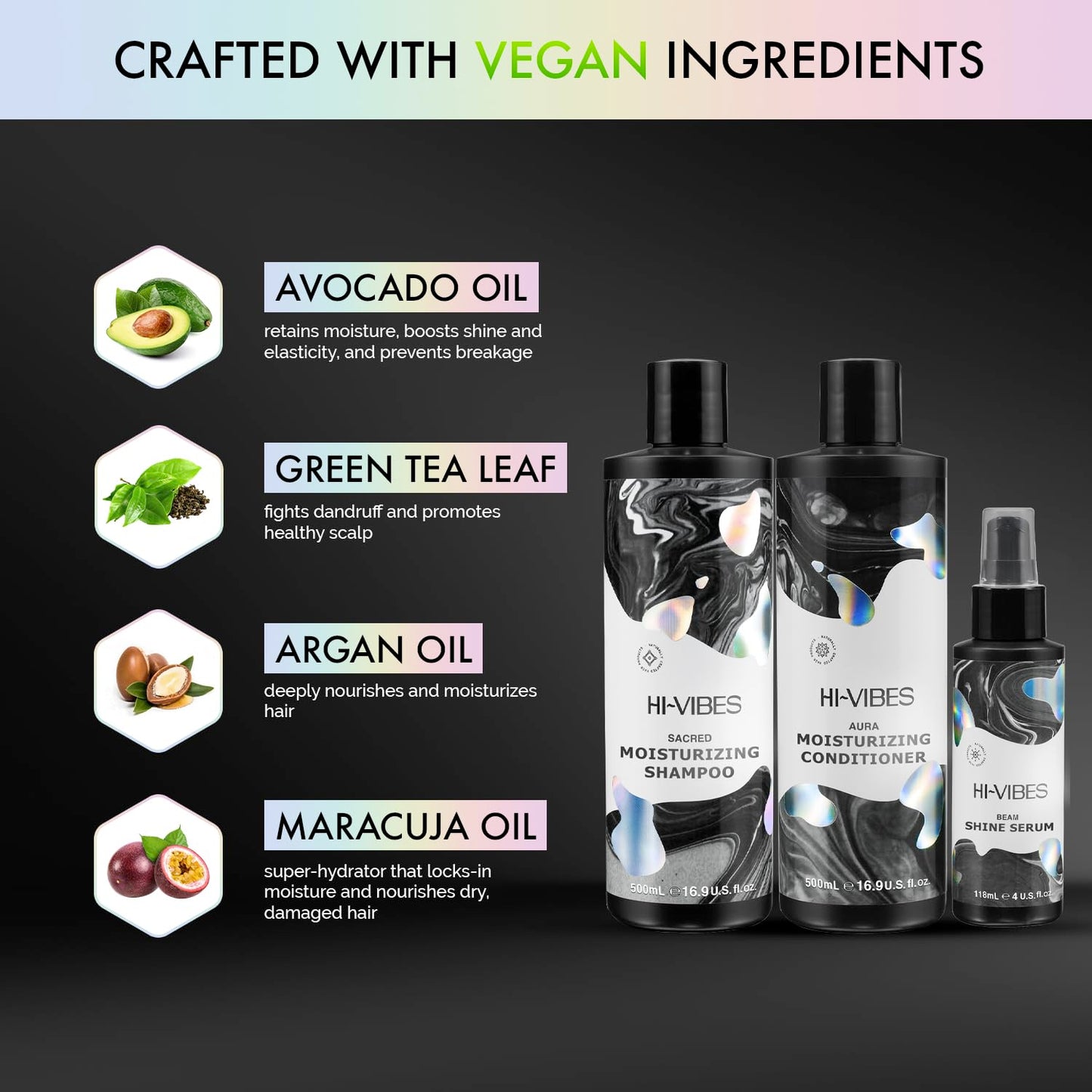 MOEHAIR Hi-Vibes Vegan Shampoo, Conditioner and Serum | Argan Oil Shampoo and Conditioner Set with Anti Frizz Hair Serum | Infused With Avocado