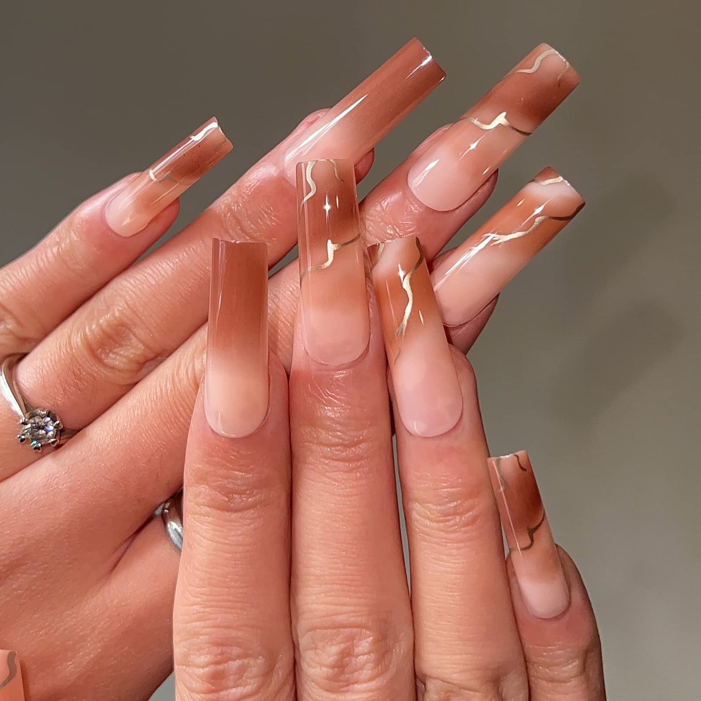 BABALAL Square Press on Nails - Long, Brown Acrylic, Ombre, Glossy Artificial Nails - Squoval Shape, for Women and Girls