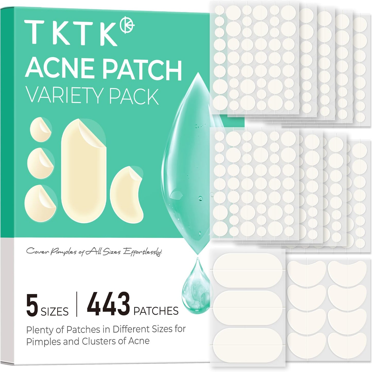 TKTK 443 Count Pimple Patches for Face, Hydrocolloid Acne Patch Bulk, Acne Stickers for Covering Cheeks, Forehead, Chin Blemishes Zit Breakouts Beauty and Personal Care TKTK