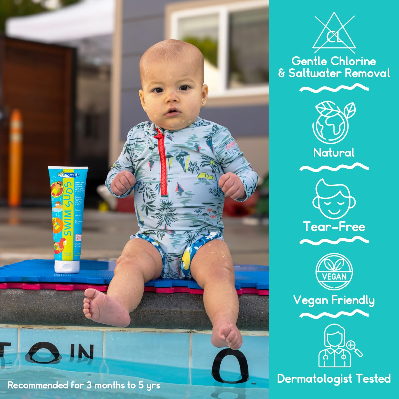 TRISWIM Kid’s SWIM SUDS Formulated for BABIES and up. NATURAL, TEAR-FREE, 2-in-1 Shampoo and Body Wash | Gently Removes Chlorine & Saltwater |