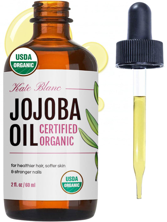 Kate Blanc Cosmetics Organic Jojoba Oil for Hair, Skin, Face, Nails (2oz) - USDA Certified, 100% Pure Cold Pressed Unrefined - Moisturizing Carrier