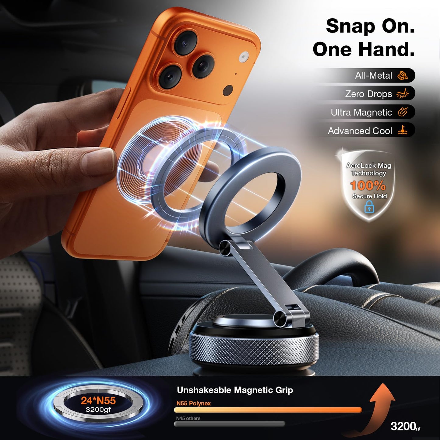 Polynex Magnetic Phone Holder for Car, Aerospace Aluminum iPhone Mount with 3200gf Magnet & 80LBS Vacuum Suction, 360° Adjustable Dashboard Mount…